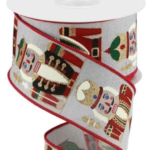 Festive Nutcrackers Wired Christmas Ribbon - 2 1/2&quot; x 10 Yards, Red Edge, Natural Gray Ribbon, Glitter, Wreath, Gift Wrap, Gift Basket, DIY