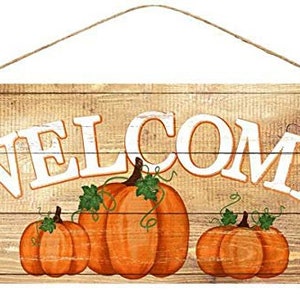 Signo de bienvenida de madera de calabazas rústicas - 12.5" x 6", decoración de Halloween, puerta principal, Acción de Gracias, huerto de calabazas, calentamiento de la casa, decoración de otoño