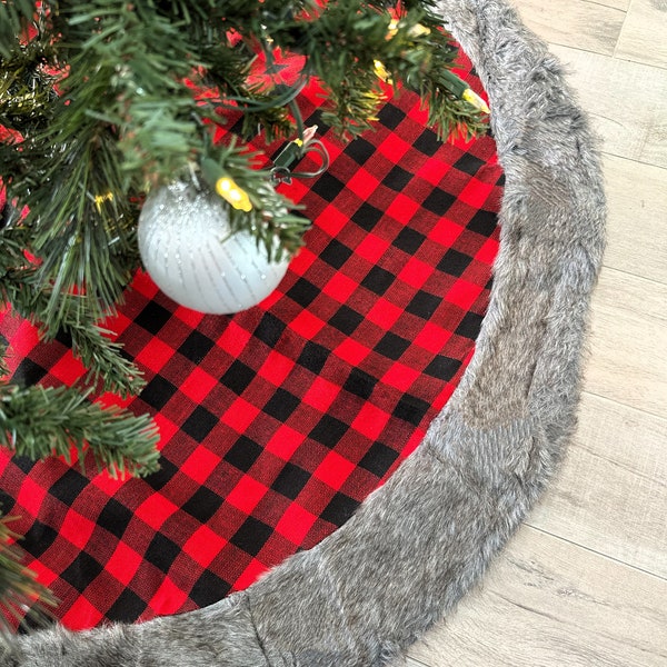 Buffalo Plaid Christmas Tree Skirt - Large 48" Diameter, Red and Black Checks, Gray Faux Fur Trim, Presents, Gifts, Plaid Christmas Decor