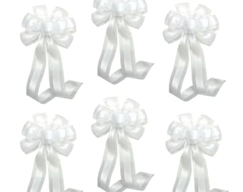 Large 10" White Wedding Pew Bows - Wired Satin Organza Ribbon, 18" Long with Tails, Set of 6, Aisle Decorations, Reception, Bridal Shower