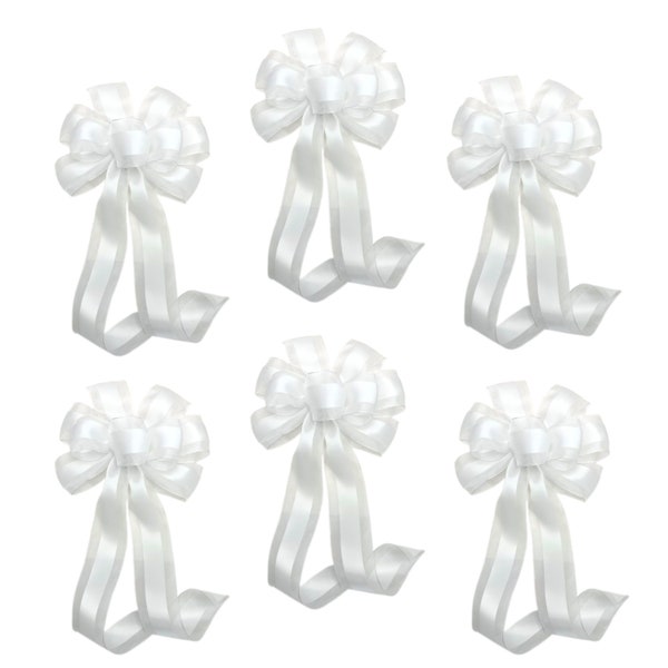 Large 10" White Wedding Pew Bows - Wired Satin Organza Ribbon, 18" Long with Tails, Set of 6, Aisle Decorations, Reception, Bridal Shower