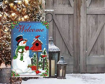 Snowman & Cardinals Welcome Garden Flag - 12" x 18", Double Sided Winter Garden Decor, Christmas Decoration, Boxing Day, Classroom