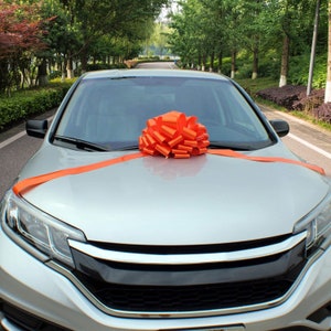 May include: A silver car with a large orange bow on the hood.