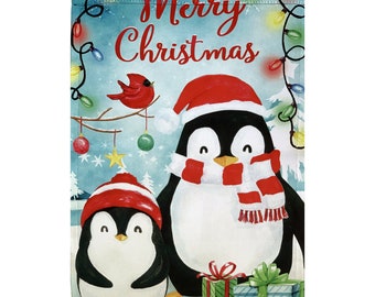 Penguins Merry Christmas Garden Flag - 12" x 18", Double Sided, Festive, Christmas Decoration, Home Decor, Boxing Day, Classroom, Daycare