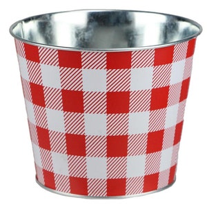 May include: A red and white gingham patterned metal planter. The planter is cylindrical and has a silver rim.