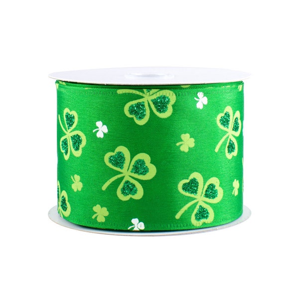 St Patrick's Day Satin Ribbon - 2 1/2" x 10 Yards, Wired Edge, Glittery Lime Green Shamrocks, Emerald Green, Wreath, Saint Patrick's Day