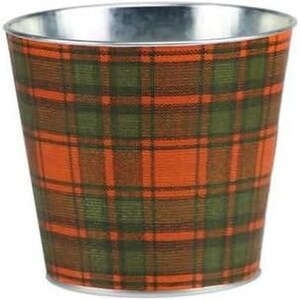 May include: A metal planter with a plaid pattern in orange, green, and brown.