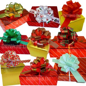 May include: Nine gift boxes with different colored bows. The boxes are wrapped in red and gold foil paper with white stripes. The bows are made of ribbon and are in various colors, including red, green, white, and gold. The boxes are all labeled "Gift Wrap Etc."