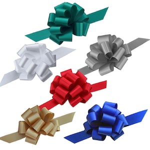 May include: Six different colored satin ribbon bows with tails. The bows are teal, white, red, gold, blue, and gray.