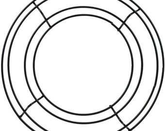 May include: A black metal wreath frame with three concentric circles. The frame is designed for crafting and decorating wreaths.