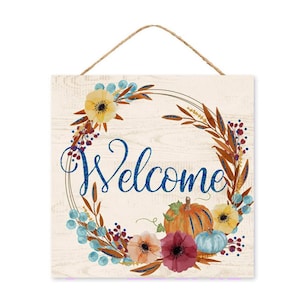 Letrero de bienvenida de madera con corona de otoño: 10 x 10 pulgadas, decoración de cocina vintage, decoración de otoño, decoración de corona, otoño, porche, puerta de entrada