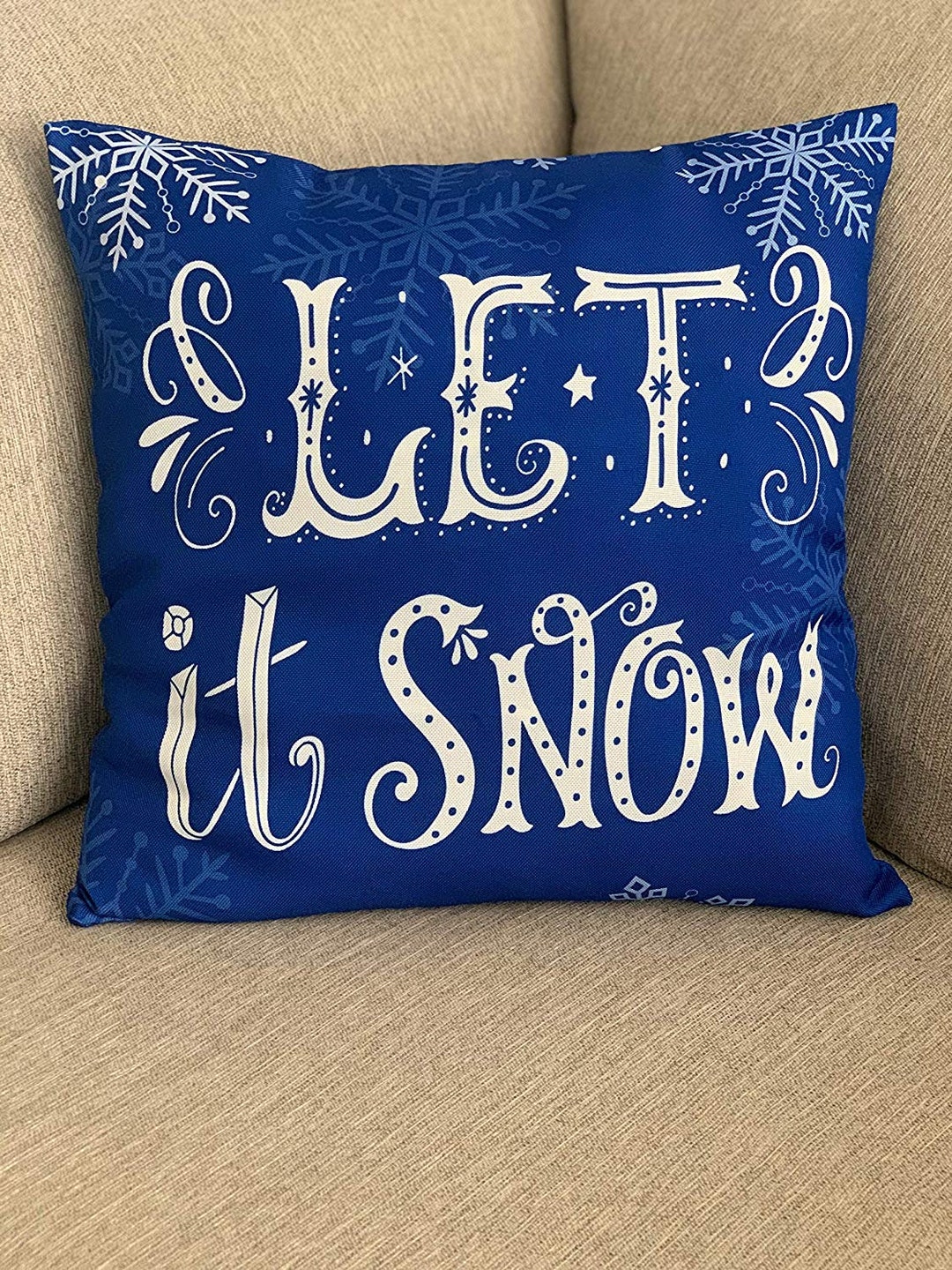 Blue Decorative Christmas Pillow Cover 18 X 18, Let It Snow Pillowcase
