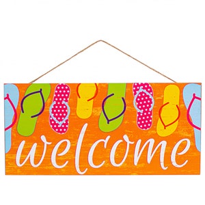 Señal de bienvenida de chanclas de verano - 12,5" x 6", casa de playa, sandalias, Pascua, porche, patio, decoración de la puerta principal, corona, decoración del hogar, tienda de surf