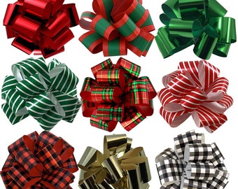 Christmas Gift Wrap Pull Bows - 5" Wide, Set of 9, Metallic Red, Green, Gold, Stripes, Buffalo Plaid, Gift Bows, Presents, Swag, Wreath