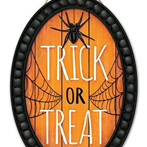 Letrero de Halloween de truco o trato - 13" x 9", decoración de puerta de madera, naranja, negro, arañas, telarañas, otoño, hogar, saludo, decoración de fiesta, decoración de otoño