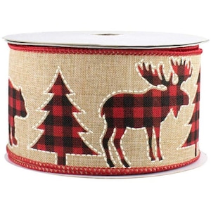 Plaid Moose Wired Christmas Ribbon - 2 1/2&quot; x 10 Yards, Buffalo Check, Black, Red, Natural, Trees, Decor for Wreaths
