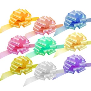 May include: Assortment of ten colorful satin ribbon bows in various pastel shades, including yellow, pink, blue, green, and white. The bows are perfect for gift wrapping and adding a touch of elegance to any occasion.