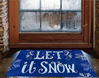 Let It Snow Door Mat - 18" x 30", Blue, White, Snowflakes, Indoor Doormat, Christmas Decoration, Front Door Decor