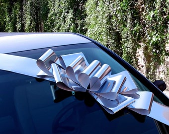 Big Metallic Silver Car Bow -  25" Wide, Fully Assembled, Christmas, Birthday, Wedding, Anniversary, NYE, Fundraiser, School Dance, Wreath