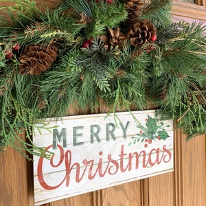 Feliz Navidad Muérdago Letrero de Madera - 12.5" x 6", Rojo, Verde y Blanco, Decoración del Hogar de Navidad, Cocina, Patio, Puerta Principal, Decoración, Patio