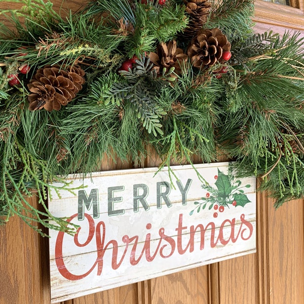 Merry Christmas Mistletoe Wooden Sign - 12.5" x 6", Red, Green and White, Christmas Home Decor, Kitchen, Yard, Front Door, Decoration, Patio