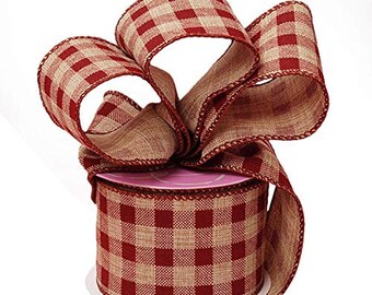 Burgundy Gingham Wired Edge Ribbon 2 1/2" x 10 Yards, Fall, Thanksgiving, Christmas, Birthday, Wedding, Gift Basket, Wreath, Presents