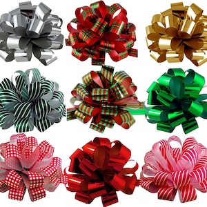 May include: Nine different gift bows in various colors and patterns. The bows are made of shiny, metallic, and patterned ribbon. The bows are all tied in a similar style, with a large center loop and smaller loops around it.