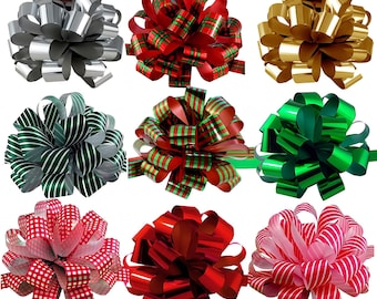 Assorted Large Christmas Pull Bows for Gifts, Wreaths, Garlands - 8" Wide, Set of 9, Metallic Red, Green, Gold, Silver