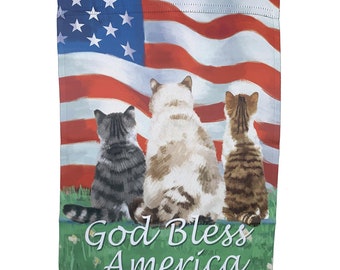 God Bless America Cats Garden Flag - 12" x 18", Red White Blue, President's Day, Rally, Stars Stripes, Memorial Day, 4th of July, USA