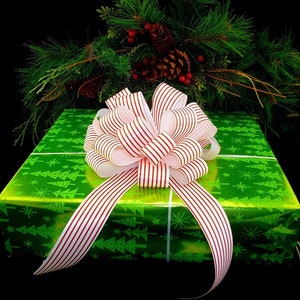 Red White Striped Christmas Pull Bows with Tails - 8&quot; Wide, Set of 6, Valentine&#39;s Day, Gift Basket, Presents, Wreath, Swag, Decoration