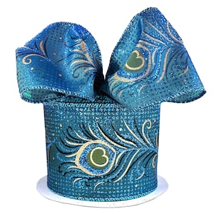 May include: A decorative teal ribbon with a peacock feather design. The ribbon is a cylinder shape with a bow on top. The peacock feather design is in gold and black. The ribbon is on a white surface.