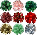 Large Christmas Print Pull Bows - 8&quot; Wide, Set of 9, Red, Green, Gold, Silver, Plaid, Gingham, Presents, Wreath, Garlands, Swag, Gift Basket