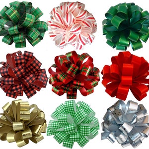 May include: Nine different gift bows in various colors and patterns, including red, green, gold, silver, and plaid. The bows are made of satin ribbon and are perfect for adding a festive touch to any gift.