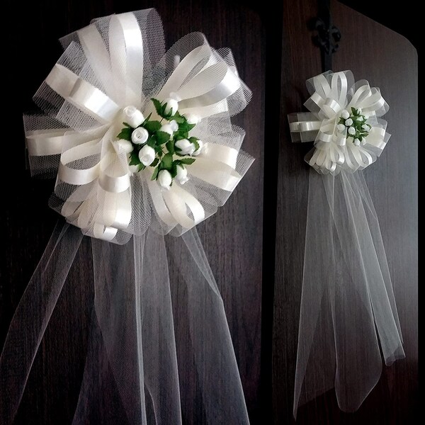 8 White Tulle Wedding Bows – For Pews, Gazebo, Party Decor – Ivory Or White – Rush Order Available