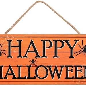 Letrero de madera de bienvenida con texto "Happy Halloween" (12,5 x 6 pulgadas), color naranja, arañas, telarañas, decoración de otoño, puerta de entrada, fiesta, recaudación de fondos, otoño, truco o trato