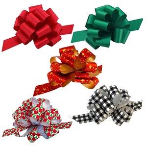 Christmas Gift Basket Pull Bows Variety Pack - 5" Wide, Set of 50,  Red, Emerald, Mistletoe Checker, Gold Stars, Black White Buffalo Plaid