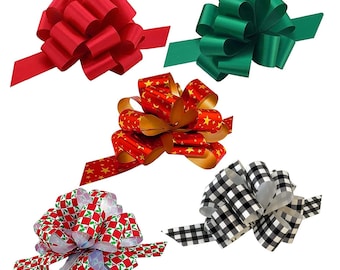 Christmas Gift Basket Pull Bows Variety Pack - 5" Wide, Set of 50,  Red, Emerald Green, Mistletoe Checker, Gold Stars, Buffalo Plaid