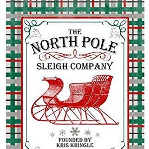 Letrero navideño de North Pole Sleigh Company: 15,75" x 11,75", borde a cuadros verdes, decoración para el hogar de madera roja y blanca, rayas de bastón de caramelo, cocina