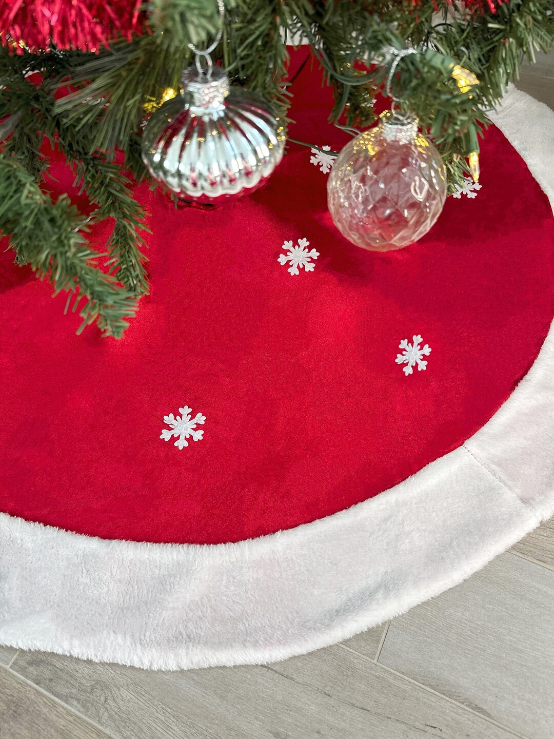 HOHOTIME 48 Inch Burlap Christmas Tree Skirt With White Snowflake Print - Vintage Holiday Decor For Xmas Party
