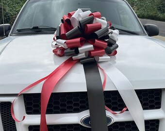 Fully Assembled Large Car Bow, 16" Wide - Red, Black & White, Front Door Decor, Christmas, Birthday, Gift Bow, Car Bow, Valentine's Day