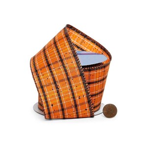 Glitter Orange Wired Halloween Ribbon - 2 1/2 inch x 10 Yards, Orange, Yellow & Black Plaid, Easter, Spring, Fall, Thanksgiving, Wreath