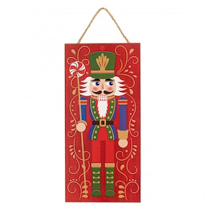 Letrero navideño festivo de cascanueces rojo: 12,5 x 6 pulgadas, rojo, blanco y dorado, decoración de madera para el hogar, cocina, patio, puerta de entrada, patio, oficina, corona