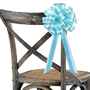 White & Pool Blue Striped Pull Bows with Tails - 8&quot; Wide, Set of 6, Easter, Wedding Pew Bows, Reception, Anniversary, Birthday, Christmas