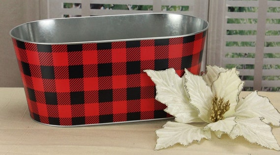 Country farmhouse galvanized metal pot cover with red & white gingham ribbon