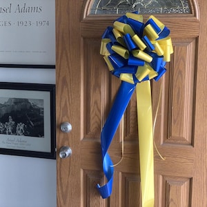 Fully Assembled Large Car Bow, 16" Wide - Royal Blue & Yellow, Front Door Decor, Christmas, Gift Bow, Birthday, Gift Bow, Car Bow, Easter