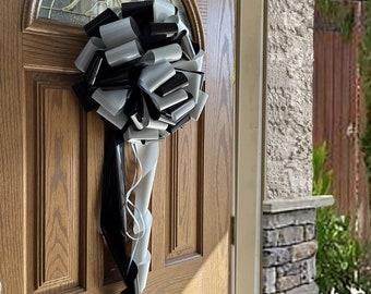 Large Black & Silver Car Bow - 16" Wide, Fully Assembled, Front Door Decor, Christmas Tree Topper, Birthday, Fundraiser, Winter