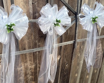 6 Large White Wedding Pew Bows Fully Assembled with Tulle, Ribbon and Mini Roses, Church Aisle Decorations