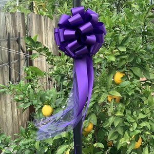6 Large Purple Wedding 9&quot; Pull Bows with Long Tulle Tails, Mardi Gras, Halloween, Easter, Christmas, Gift Basket, Indoor Outdoor Decorations