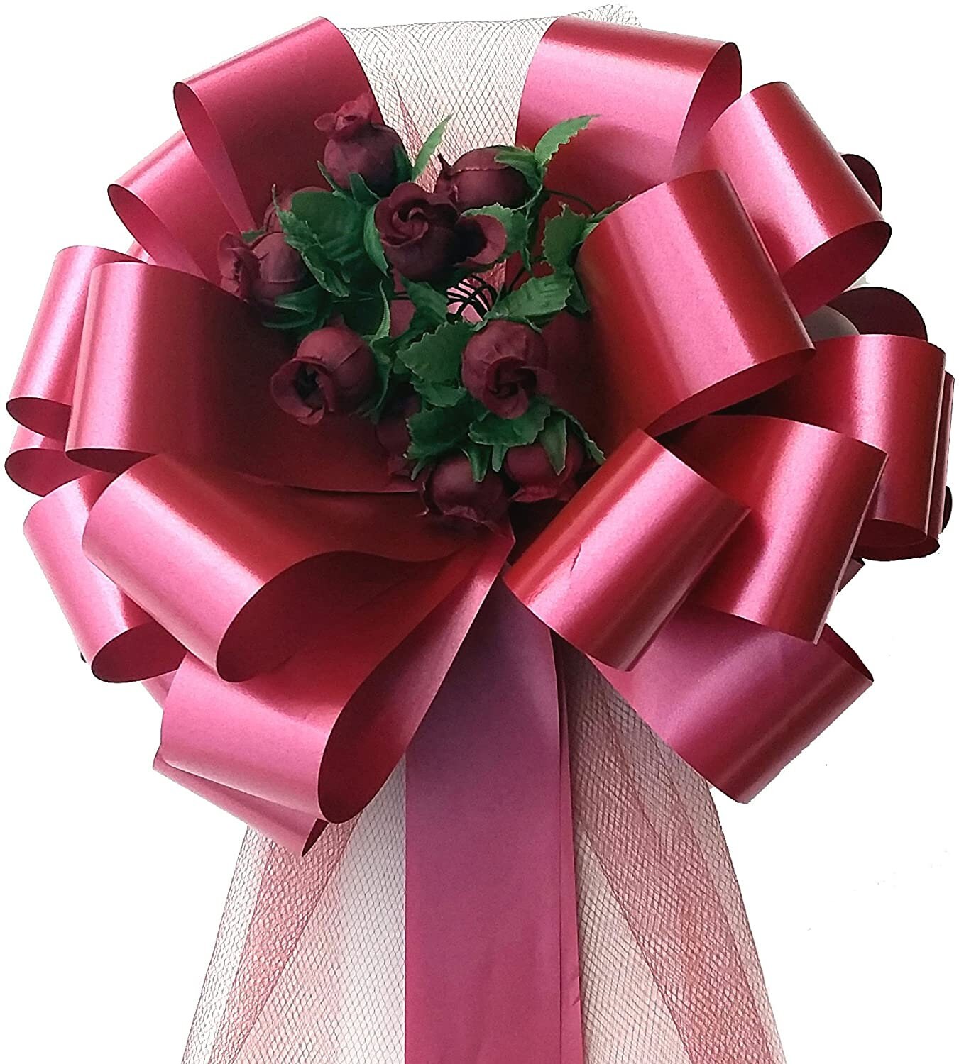 Burgundy Pull Bows With Tulle Tails and Rosebuds - 8" Wide, Set of 6 ...