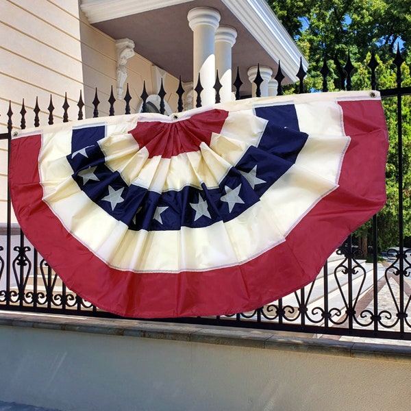 Tea Stained Patriotic Bunting Flag - 3' x 6' Pleated Fan Flag, President's Day, Red White Blue, Stars, Stripes, Memorial Day, 4th of July